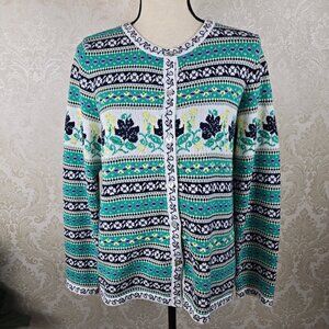 Appleseed's Limited Edition Sz Medium Fair Isle Cardigan Button Up Beaded Cotton